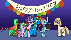 Size: 1280x720 | Tagged: safe, artist:platinumdrop, derpibooru import, starlight glimmer, oc, oc:drago, oc:glitter sparkle, oc:msalliecat, oc:shield wing, oc:skyress, oc:starling shield, oc:starshine armour, alicorn, dragon, gryphon, pony, birthday, birthday cake, cake, food, happy birthday, image, jpeg, request