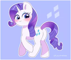 Size: 3736x3147 | Tagged: safe, artist:leo19969525, derpibooru import, rarity, pony, unicorn, blue eyes, blushing, butt, cutie mark, female, hair, horn, image, jpeg, looking at you, looking back, looking back at you, mare, simple background, smiling, smiling at you, solo, tail, walking