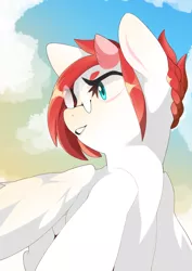 Size: 2894x4093 | Tagged: safe, artist:sugarelement, derpibooru import, oc, oc:red cherry, hybrid, pegasus, cloud, dramatic, flying, glasses, image, png, solo, sunset
