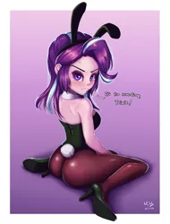 Size: 759x1000 | Tagged: suggestive, artist:the-park, banned from derpibooru, deleted from derpibooru, starlight glimmer, human, equestria girls, animal costume, ass, bare shoulders, blushing, breasts, bunny costume, bunny ears, bunny suit, butt, clothes, costume, cute, glimmer glutes, glimmerbetes, image, implied trixie, looking at you, offscreen character, pantyhose, playboy bunny starlight glimmer, png, sitting, sleeveless, solo, strapless, teary eyes, text