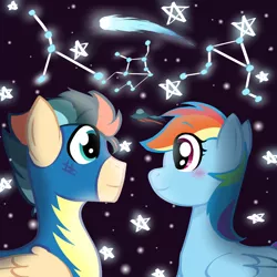 Size: 1280x1280 | Tagged: safe, derpibooru import, comet tail, rainbow dash, oc, oc:turbo swifter, pegasus, pony, canon x oc, clothes, comet, costume, female, image, male, mare, night, pegasus oc, png, shading, shadowbolts costume, shipping, sky, stallion, stars, straight, turbodash, wings