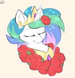 Size: 1150x1200 | Tagged: safe, artist:glazirka, derpibooru import, princess celestia, alicorn, pony, beige background, bust, eyes closed, flower, flower in hair, image, png, portrait, simple background, smiling, solo