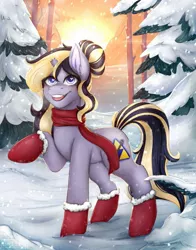 Size: 1001x1280 | Tagged: safe, artist:bellfa, derpibooru import, oc, unofficial characters only, pony, unicorn, blue eyes, broken horn, clothes, commission, cutie mark, female, forest, full body, horn, image, jpeg, looking at you, mare, original art, raised leg, scarf, smiling, smiling at you, snow, socks, solo, tree, wide eyes, winter, ych result, yellow hair