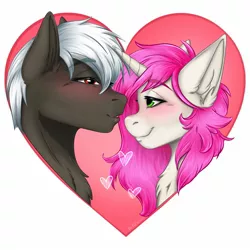 Size: 1600x1600 | Tagged: safe, artist:bellfa, derpibooru import, oc, unofficial characters only, pony, unicorn, bust, commission, couple, duo, duo male and female, ear fluff, embarrassed, eyelashes, female, gradient hair, green eyes, heart, holiday, horn, image, jpeg, looking at each other, looking at someone, love, male, neck fluff, original art, pink hair, red eyes, smiling, sticker, straight, valentine, valentine's day, ych result