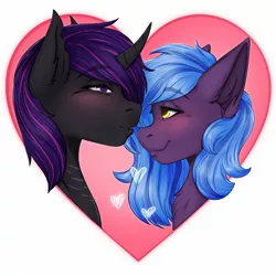 Size: 1600x1600 | Tagged: safe, artist:bellfa, derpibooru import, oc, unofficial characters only, pony, unicorn, blue hair, bust, commission, couple, curved horn, duo, duo male and female, ear fluff, embarrassed, eyelashes, female, gradient hair, heart, holiday, horn, image, jpeg, looking at each other, looking at someone, love, male, neck fluff, original art, purple eyes, purple hair, smiling, sticker, straight, valentine, valentine's day, ych result, yellow eyes