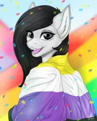 Size: 1600x2004 | Tagged: safe, artist:bellfa, derpibooru import, oc, unofficial characters only, anthro, anthro oc, black hair, commission, ear fluff, eyelashes, female, gradient hair, gray eyes, high res, image, jpeg, lgbt, looking at you, open mouth, original art, pride, pride flag, smiling, smiling at you, solo, solo female, wide eyes, ych result