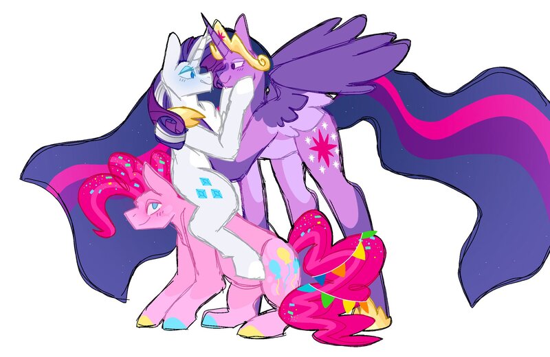 Size: 2048x1331 | Tagged: safe, artist:lockandkeyhyena, derpibooru import, pinkie pie, rarity, twilight sparkle, twilight sparkle (alicorn), alicorn, earth pony, pony, unicorn, colored sketch, ethereal mane, ethereal tail, female, height difference, hoof shoes, image, imminent kissing, jewelry, jpeg, lesbian, older, older pinkie pie, older rarity, older twilight, polyamory, rarilight, rarilightpie, raripie, regalia, shipping, simple background, sitting on, sitting on person, sitting on pony, tail, trio, trio female, twinkie, white background