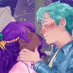 Size: 1280x1280 | Tagged: safe, artist:edgiest_jazzy, derpibooru import, hitch trailblazer, pipp petals, human, city, clothes, dark skin, ear piercing, earring, female, g5, hitchpipp, house, humanized, image, imminent kissing, jacket, jewelry, jpeg, male, night, piercing, shipping, shooting star, straight, streetlight