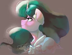 Size: 2048x1548 | Tagged: safe, artist:mikkybun, derpibooru import, mistmane, unicorn, bust, chest fluff, clothes, curved horn, ear fluff, female, horn, image, jpeg, solo