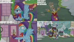 Size: 1280x720 | Tagged: safe, derpibooru import, edit, edited screencap, editor:quoterific, screencap, discord, rainbow dash, draconequus, pegasus, pony, best gift ever, duo, female, flying, image, jpeg, male, mare, open mouth, shrunken pupils, snow, spread wings, text, wings