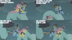 Size: 1280x720 | Tagged: safe, derpibooru import, edit, edited screencap, editor:quoterific, screencap, commander hurricane, fluttershy, private pansy, rainbow dash, pegasus, pony, hearth's warming eve (episode), season 2, duo, eyes closed, female, flying, image, mare, open mouth, png, spread wings, text, wings