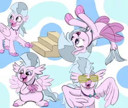Size: 3541x2987 | Tagged: safe, artist:doodledonutart, derpibooru import, silverstream, hippogriff, seapony (g4), cute, diastreamies, female, happy, image, jewelry, necklace, open mouth, open smile, png, smiling, spread wings, stairs, sunglasses, that hippogriff sure does love stairs, wings