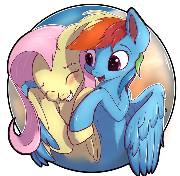 Size: 3622x3541 | Tagged: safe, artist:db, artist:dbcreativearts, derpibooru import, fluttershy, rainbow dash, pegasus, blushing, female, flutterdash, hug, image, jpeg, lesbian, shipping, winghug, wings