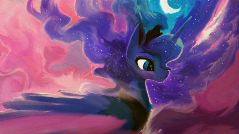 Size: 1920x1080 | Tagged: safe, artist:hierozaki, derpibooru import, princess luna, alicorn, pony, abstract background, crescent moon, ethereal mane, eyebrows, female, image, jewelry, mare, moon, png, smiling, solo, tiara