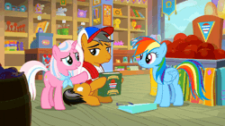 Size: 1280x720 | Tagged: safe, derpibooru import, screencap, clear sky, quibble pants, rainbow dash, earth pony, pegasus, pony, unicorn, common ground, season 9, spoiler:s09, animated, ball, book, cute, female, floppy ears, gif, image, kiss on the cheek, kissing, male, mare, quibblebetes, quibblesky, shipping, shopping bag, stallion, straight, trio