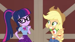 Size: 1920x1080 | Tagged: safe, derpibooru import, screencap, applejack, sci-twi, twilight sparkle, equestria girls, equestria girls series, holidays unwrapped, spoiler:eqg series (season 2), image, png, the cider louse fools