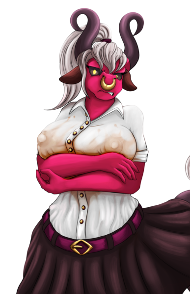 Size: 1517x2351 | Tagged: questionable, alternate version, artist:jamescorck, derpibooru import, lord tirek, anthro, centaur, semi-anthro, taur, arm under breasts, bedroom eyes, breast milk, breasts, busty lady tirek, clothes, commission, crossed arms, digital art, erect nipples, female, floppy ears, horns, image, lactation, lady tirek, looking at you, milk, nipple outline, nose piercing, nose ring, piercing, png, rule 63, shirt, simple background, skirt, solo, transparent background, unamused, wet clothes, wide hips