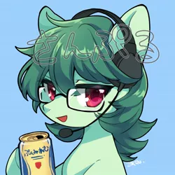 Size: 1668x1668 | Tagged: safe, artist:zakro, derpibooru import, oc, unofficial characters only, earth pony, pony, blue background, drink, glasses, headset, hoof hold, image, japanese, jpeg, looking at you, moon runes, simple background