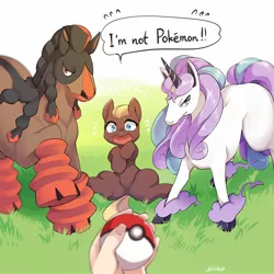 Size: 1800x1800 | Tagged: safe, artist:zakro, derpibooru import, oc, unofficial characters only, earth pony, galarian rapidash, mudsdale, pony, rapidash, image, jpeg, looking at you, pokéball, pokémon, speech bubble