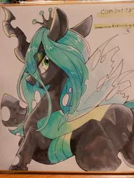 Size: 768x1024 | Tagged: safe, artist:zakro, derpibooru import, queen chrysalis, changeling, changeling queen, pony, commission, female, image, japanese, jpeg, mare, moon runes, solo