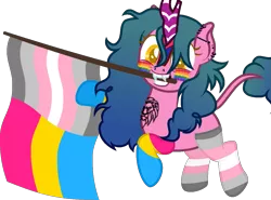 Size: 1229x908 | Tagged: safe, artist:yeetmedownthestairs, derpibooru import, oc, oc:candy fae, unofficial characters only, kirin, clothes, commission, cute, demigirl, demigirl pride flag, ear piercing, earring, face paint, fangs, female, grin, image, jewelry, kirin oc, lip piercing, mouth hold, nose piercing, pansexual, pansexual pride flag, piercing, png, pride, pride flag, pride month, raised hoof, simple background, smiling, socks, solo, striped socks, tattoo, transparent background, ych result