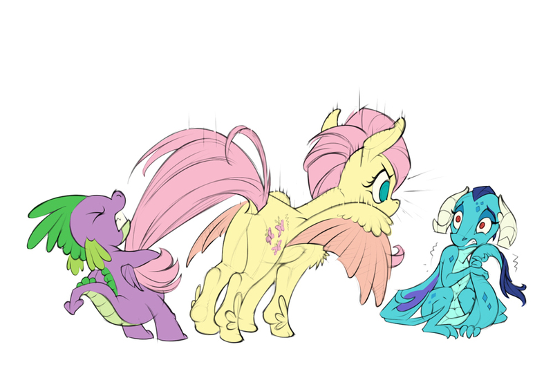 Size: 1000x667 | Tagged: safe, artist:gor1ck, derpibooru import, fluttershy, princess ember, spike, dragon, pegasus, pony, angry, colored wings, colored wingtips, dock, emanata, eyes closed, gritted teeth, image, jpeg, scared, shivering, simple background, tail, tail pull, teeth, white background, wings