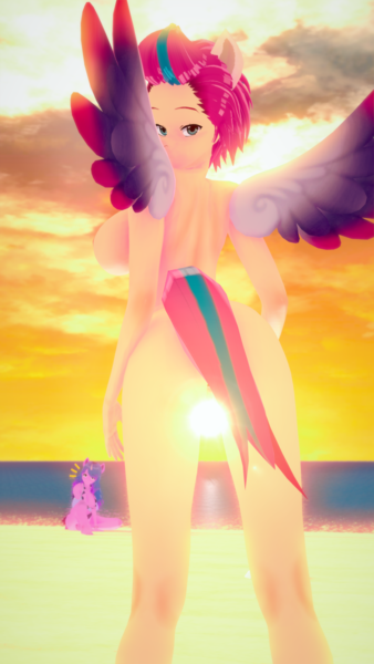 Size: 900x1600 | Tagged: questionable, artist:mistpony, derpibooru import, izzy moonbow, zipp storm, anthro, pegasus, plantigrade anthro, my little pony: a new generation, 3d, beach, big breasts, breasts, busty izzy moonbow, busty zipp storm, butt, clothes, female, g5, image, koikatsu, nudity, ocean, png, sunset, swimsuit, water