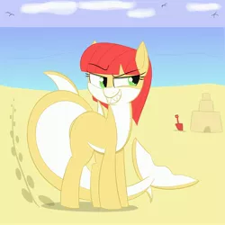 Size: 3000x3000 | Tagged: safe, artist:bestponies, derpibooru import, oc, oc:vicious waves, unofficial characters only, original species, pony, shark, shark pony, beach, evil grin, female, grin, image, jpeg, ocean, sandcastle, shark teeth, smiling, solo, water