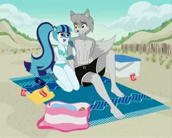 Size: 4062x3243 | Tagged: safe, artist:rileyav, derpibooru import, sonata dusk, oc, raccoon, wolf, anthrofied, beach, beach blanket, bikini, breasts, canon x furry, canon x oc, chips, cleavage, clothes, cooler, female, food, furry, furry oc, image, jpeg, looking at each other, looking at someone, male, potato chips, shipping, soda can, straight, swimming trunks, swimsuit