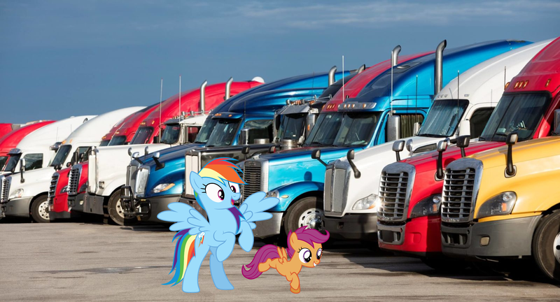 Size: 8112x4376 | Tagged: safe, artist:hubfanlover678, derpibooru import, rainbow dash, scootaloo, pony, image, irl, photo, png, ponies in real life, truck