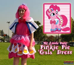 Size: 546x477 | Tagged: safe, artist:thepanther17fan, derpibooru import, pinkie pie, earth pony, human, pony, bow, bowtie, candy, candy corn, clothes, cosplay, costume, dress, female, food, gala dress, grass, hat, house, image, irl, irl human, jpeg, lollipop, mare, photo, shoes, smiling, text, tree