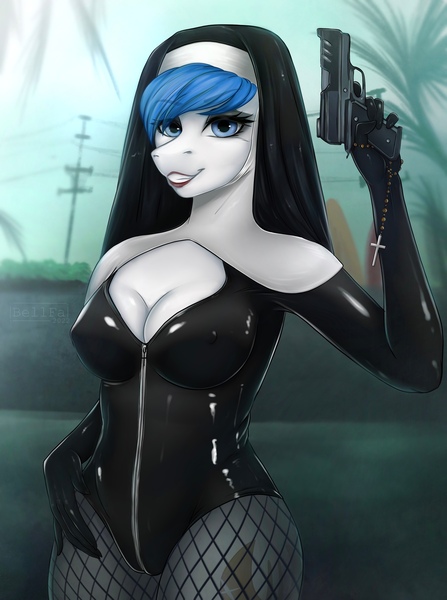 Size: 3018x4050 | Tagged: questionable, artist:bellfa, derpibooru import, oc, unofficial characters only, anthro, anthro oc, bad girl, beads, blue eyes, blue hair, breasts, clothes, commission, eyelashes, female, gradient hair, gun, high res, image, jpeg, latex, leather, looking at you, nipples, nudity, original art, rosary, sexy, sister, smiling, smiling at you, socks, solo, solo female, stockings, thigh highs, weapon, ych result