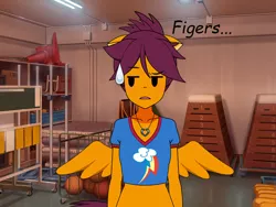 Size: 800x600 | Tagged: safe, artist:kisekaejade, derpibooru import, scootaloo, anthro, human, equestria girls, basketball, clothes, cones, gym, gymnastics, humanized, image, jewelry, jpeg, kisekae, necklace, shirt, solo, sports, t-shirt, wings