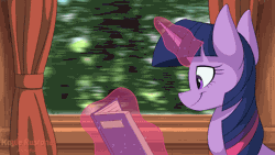Size: 1920x1080 | Tagged: safe, artist:kaylerustone, derpibooru import, twilight sparkle, pony, animated, anime, book, bust, cute, female, gif, glow, glowing horn, horn, image, looking out the window, loop, magic, mare, portrait, reading, scenery, smiling, solo, telekinesis, train, twiabetes