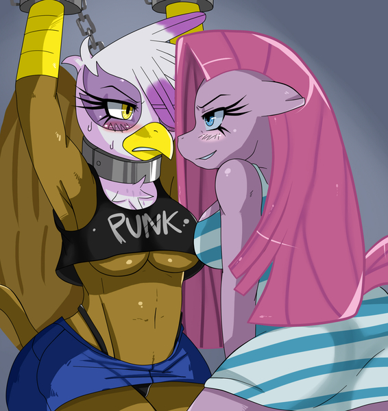 Size: 1593x1689 | Tagged: suggestive, artist:ss2sonic, derpibooru import, gilda, pinkie pie, anthro, earth pony, gryphon, armpits, belly button, black underwear, bondage, breasts, busty gilda, busty pinkie pie, clothes, creepy, female, females only, femdom, floppy ears, gildamena, gildapie, gildasub, image, jpeg, kinkamena, kinkie pie, lesbian, midriff, panties, pinkamena diane pie, pinkiedom, sexy, shipping, sinfully sexy, skirt, stupid sexy gilda, stupid sexy pinkie, sweat, tanktop, thong, underboob, underwear, upskirt