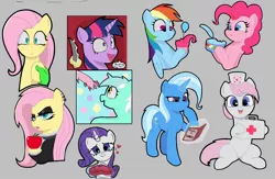 Size: 1452x946 | Tagged: safe, artist:ponconcarnal, derpibooru import, fluttershy, lyra heartstrings, nurse redheart, pinkie pie, rainbow dash, rarity, trixie, twilight sparkle, oc, oc:anon, earth pony, pegasus, pony, unicorn, aggie.io, apple, blushing, book, briefcase, clothes, confused, cupcake, cute, dialogue, drawpile, ear piercing, eating, female, first aid kit, fluttergoth, folded wings, food, glow, glowing horn, gray background, hat, heart, holiday, hoof hold, hoof on chin, horn, image, jpeg, knife, magic, magic aura, makeup, mare, open mouth, piercing, puffy cheeks, raised hoof, reading, simple background, sitting, smiling, speech bubble, talking, telekinesis, valentine's day, wings