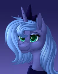 Size: 1203x1538 | Tagged: safe, artist:starshade, derpibooru import, princess luna, alicorn, pony, bust, crown, cute, eyeshadow, female, gradient background, high res, image, jewelry, lidded eyes, makeup, mare, peytral, png, portrait, regalia, s1 luna, smiling, solo