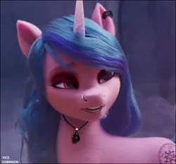 Size: 2308x2144 | Tagged: safe, artist:vice common, derpibooru import, edit, edited screencap, screencap, izzy moonbow, unicorn, my little pony: a new generation, collar, ear piercing, earring, eyeshadow, female, g5, goth, image, jewelry, makeup, nose piercing, piercing, png, solo