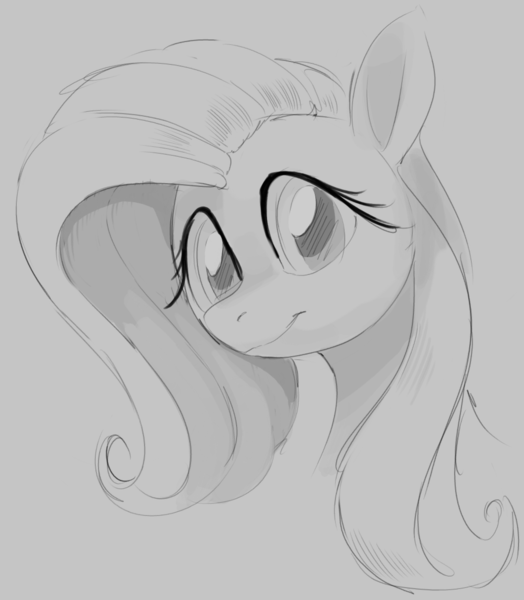 Size: 1002x1148 | Tagged: safe, artist:dotkwa, derpibooru import, fluttershy, pegasus, pony, bust, female, gray background, grayscale, image, looking at you, mare, monochrome, png, simple background, smiling, smiling at you, solo