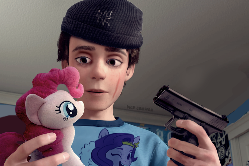 Size: 2699x1799 | Tagged: semi-grimdark, derpibooru import, edit, edited screencap, screencap, pinkie pie, pipp petals, g5, andy (toy story), andy davis, image, pixar, plushie, png, scar, toy story, weapon