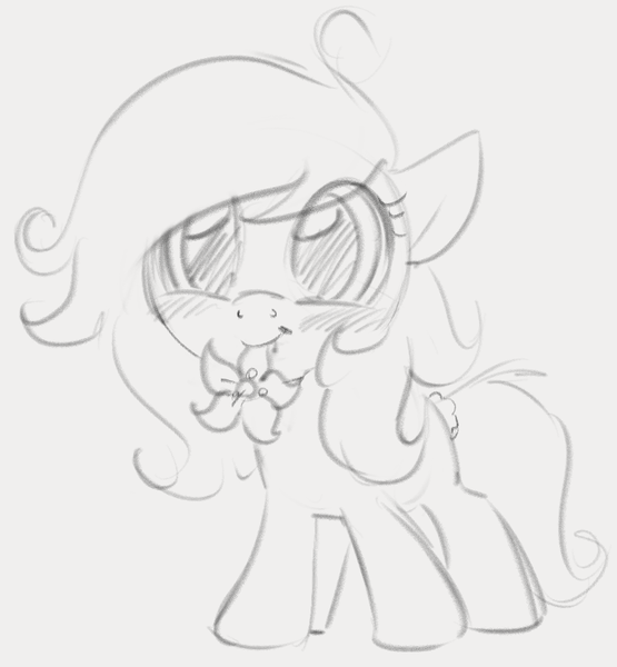 Size: 870x941 | Tagged: safe, artist:dotkwa, derpibooru import, oc, oc:kayla, unofficial characters only, earth pony, pony, blushing, cute, flower, flower in mouth, gradient background, grayscale, image, monochrome, mouth hold, ocbetes, png, sketch, solo