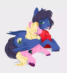 Size: 1892x2048 | Tagged: safe, artist:irusumau, derpibooru import, oc, oc:fenris ebonyglow, oc:kara waypoint, unofficial characters only, earth pony, pegasus, pony, :p, clothes, cuddling, female, hug, image, jpeg, male, mare, scarf, shipping, simple background, smiling, stallion, tongue out, white background, winghug, wings