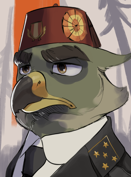 Size: 676x910 | Tagged: safe, artist:cadillacdynamite, derpibooru import, oc, oc:gerhard bluhm, unofficial characters only, gryphon, equestria at war mod, bust, clothes, cockade, fez, forest, forest background, griffon oc, hat, image, military uniform, png, portrait, solo, suit, tree, uniform
