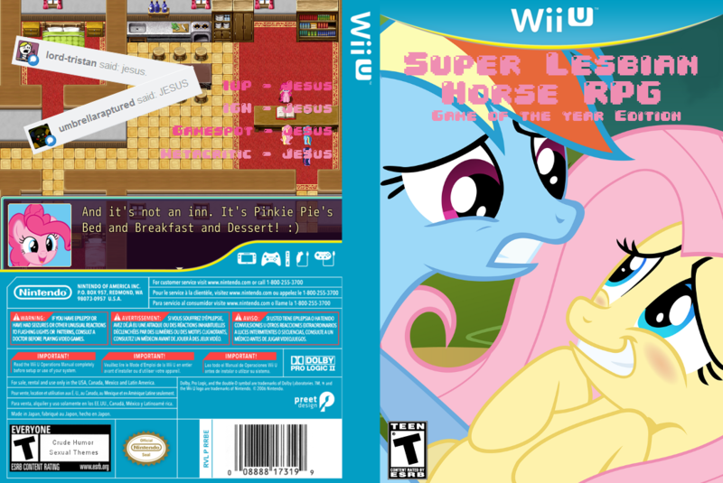 Size: 1093x731 | Tagged: safe, derpibooru import, fluttershy, pinkie pie, rainbow dash, twilight sparkle, twilight sparkle (alicorn), alicorn, earth pony, pegasus, pony, super lesbian horse rpg, blushing, book, controller, counter, cover art, dialogue, esrb, female, flutterdash, game, image, lesbian, lying down, mare, nintendo, on back, png, rating, rpg, shipping, smiley face, smiling, stool, text, warning sign, wii u, wiimote