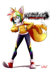 Size: 2316x3292 | Tagged: safe, artist:manic-the-lad, derpibooru import, rainbow dash, equestria girls, a dash of everything, ashleigh ball, clothes, cosplay, costume, hoodie, image, miles "tails" prower, png, solo, sonic the hedgehog (series), voice actor joke