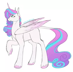 Size: 1280x1265 | Tagged: safe, artist:spartalabouche, derpibooru import, princess flurry heart, alicorn, pony, curved horn, female, horn, image, leonine tail, older, older flurry heart, png, raised hoof, simple background, solo, tail, unshorn fetlocks, white background, wings