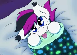 Size: 4092x2893 | Tagged: safe, artist:monycaalot, derpibooru import, oc, oc:lance, unofficial characters only, bat pony, bat pony oc, bat wings, bed, blanket, blanket burrito, blue eyes, cloud, commission, cute, fangs, image, male, png, simple background, solo, stars, tongue out, wings