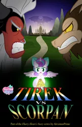 Size: 3300x5102 | Tagged: safe, artist:aleximusprime, derpibooru import, lord tirek, princess flurry heart, scorpan, fanfic:tirek vs scorpan, flurry heart's story, beard, bow, facial hair, fanfic art, goatee, grass, gritted teeth, horns, image, jewelry, king scorpan, midnight kingdom, mountain, necklace, nose piercing, nose ring, path, piercing, png, poster, scorpan's necklace, silhouette, slit pupils, stare down, sunset, teeth, title card