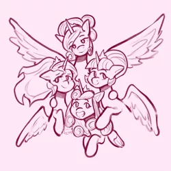 Size: 2048x2048 | Tagged: safe, artist:scribleydoodles, derpibooru import, princess cadance, princess flurry heart, sunset shimmer, twilight sparkle, twilight sparkle (alicorn), alicorn, pony, alicornified, crown, female, group shot, image, jewelry, mare, monochrome, older, older flurry heart, png, race swap, regalia, shimmercorn, signature, smiling, spread wings, wings