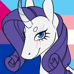 Size: 1157x1157 | Tagged: safe, artist:spartalabouche, derpibooru import, rarity, pony, unicorn, beanbrows, bisexual pride flag, bust, curved horn, eyebrows, female, gradient horn, horn, image, png, pride, pride flag, scar, smiling, solo, transgender pride flag